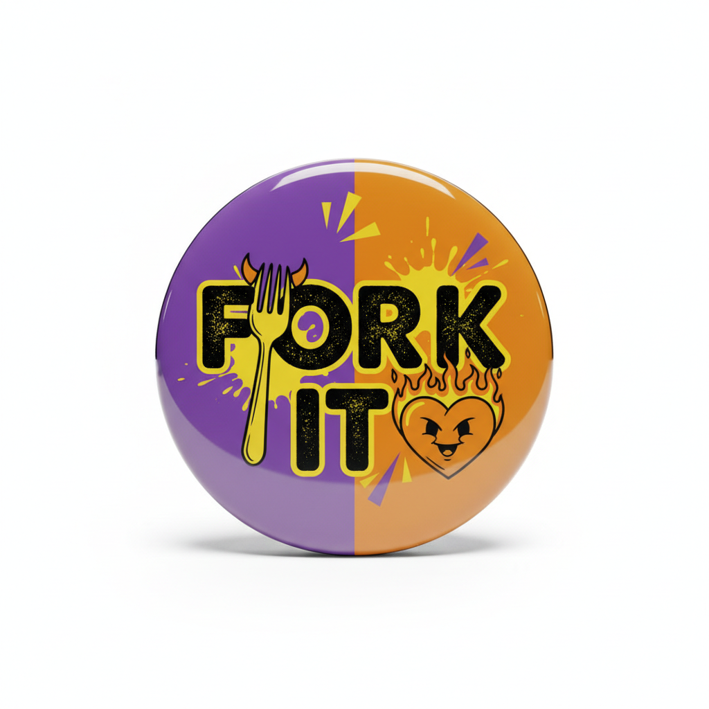 2.25-inch button pinback with purple and orange Fork It graphic and heart
