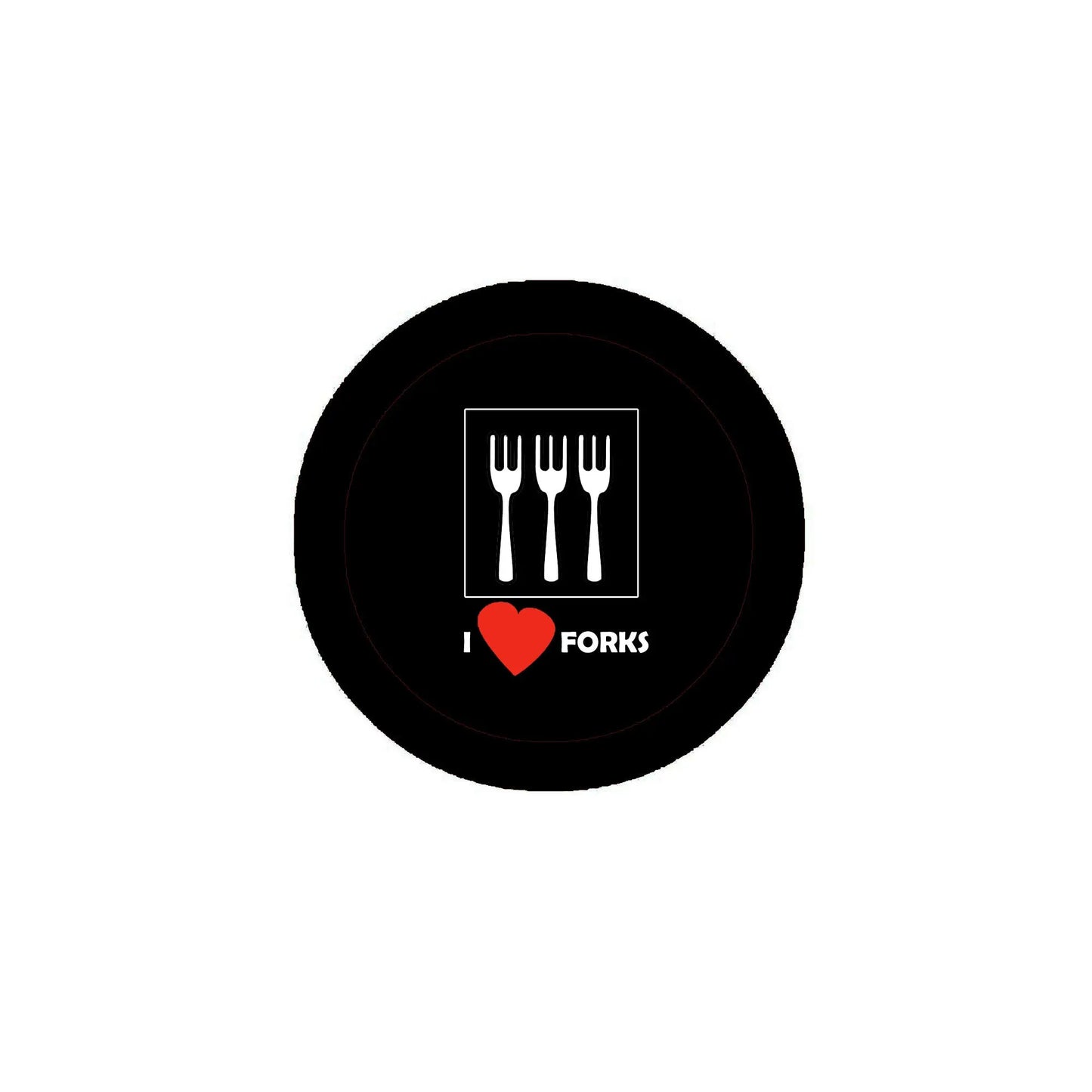2.25-inch black pinback button with fork icon and red heart