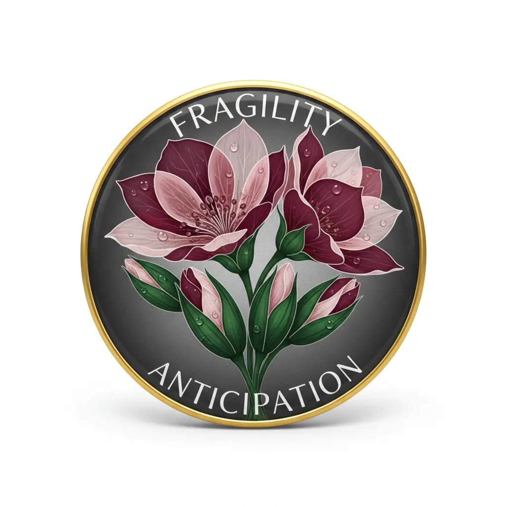 2.25-inch circular flower pinback with purple-pink blooms, gold rim, 'FRAGILITY' and 'ANTICIPATION'