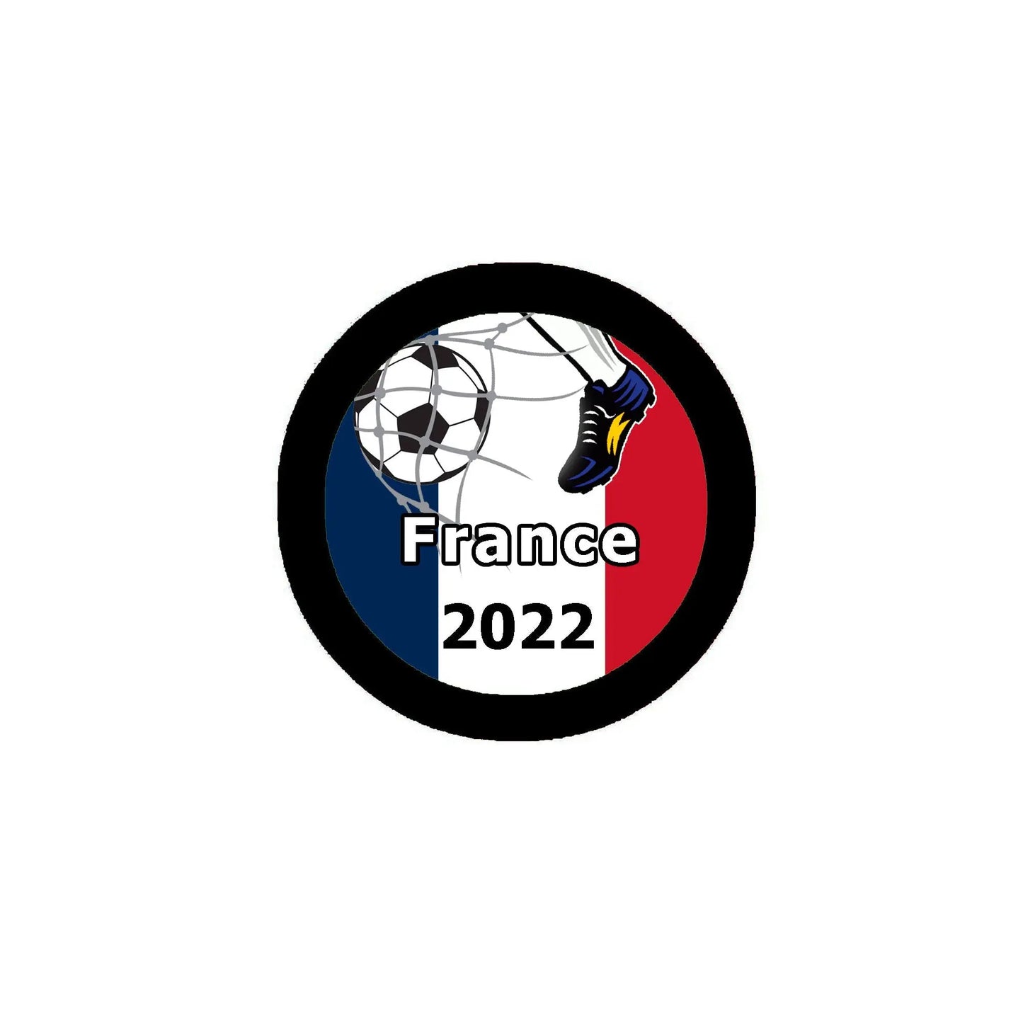Round France 2022 soccer pinback button with soccer ball, rooster, and flag colors