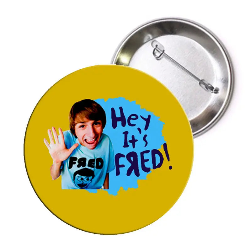2.25-inch pinback button, yellow front with portrait and blue text; silver back with pin