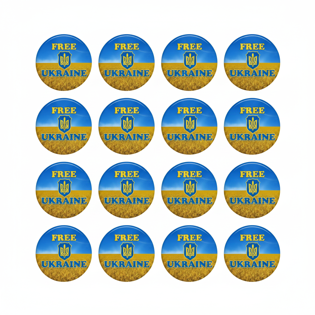 Free Ukraine pinback buttons set of 12, round blue and gold enamel style