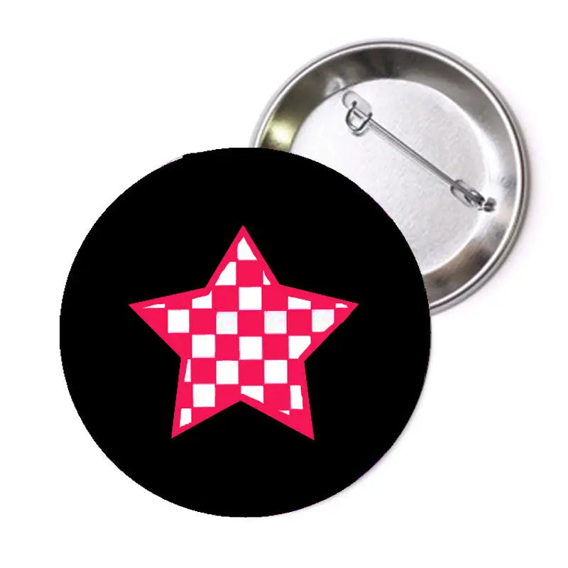 Punk star pinback button, 1.25-inch; black circle with red checkered star, metal back