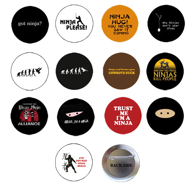 Set of 13 round ninja-themed pinback buttons, 1.25-inch, with various graphic designs