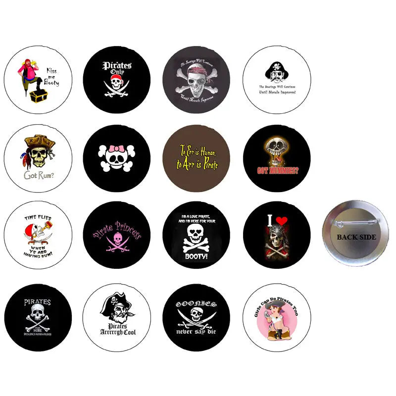 16-piece pirate themed pinback set of round enamel buttons, one showing the back side