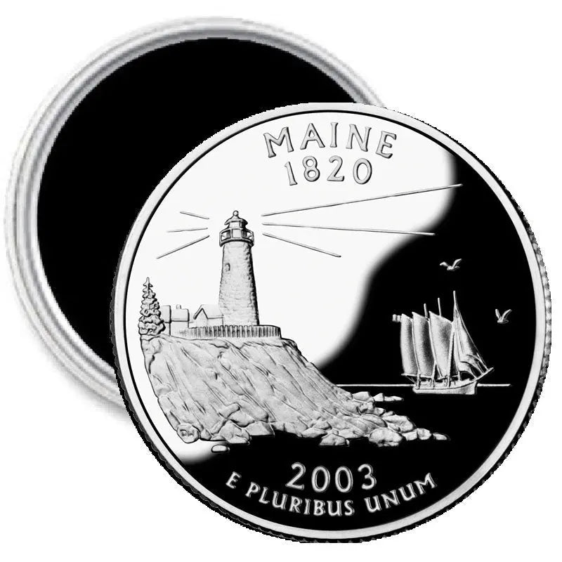 Maine state quarter-style magnet with lighthouse and ship; 'MAINE 1820' and '2003' text