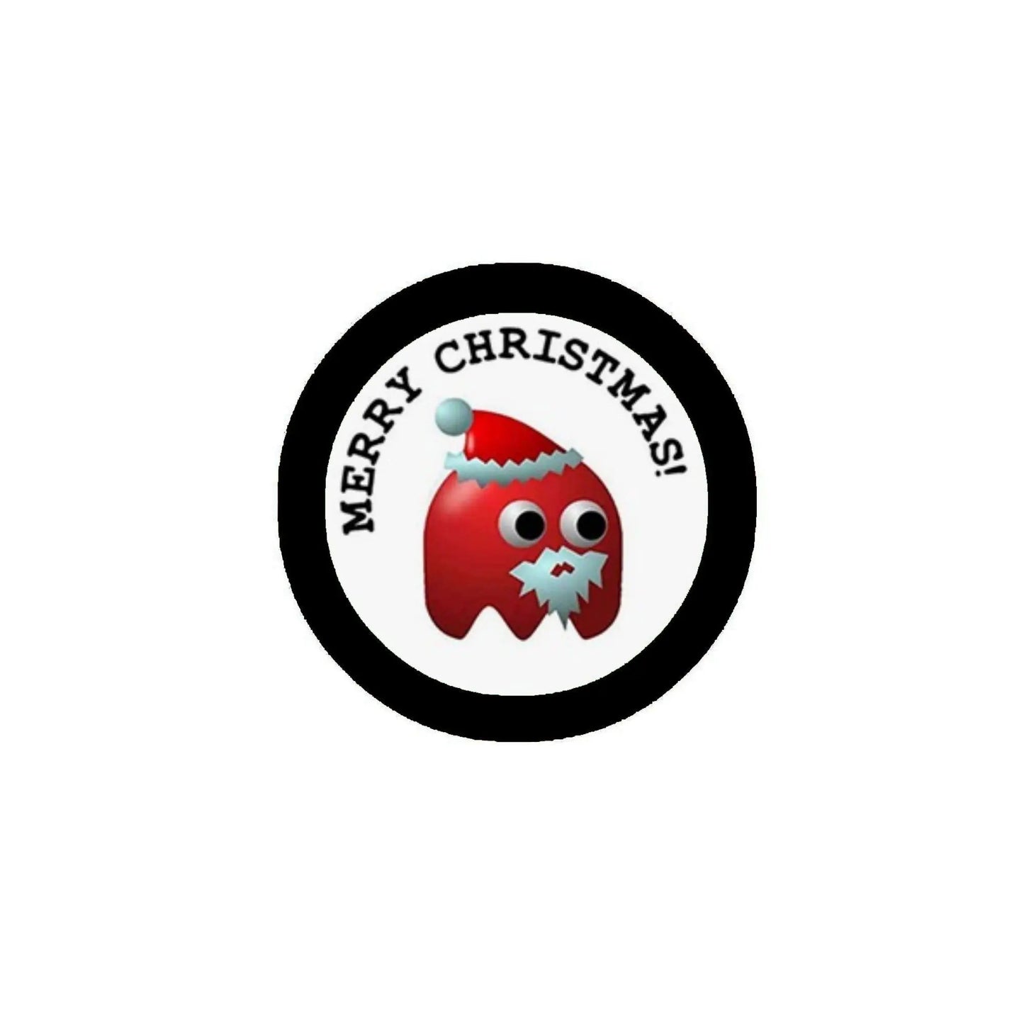 2.25-inch round Santa pinback: black ring, 'MERRY CHRISTMAS' text, red skull-face design