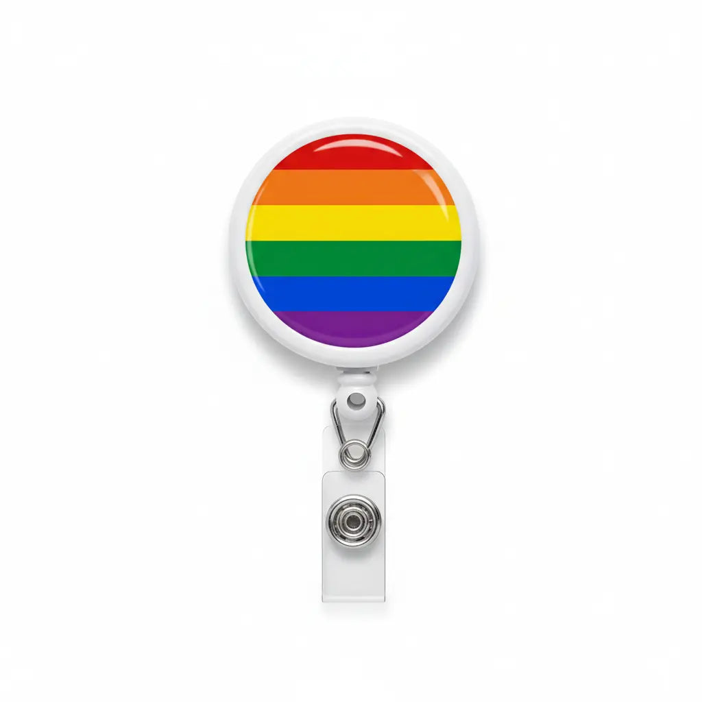 Rainbow pride retractable badge reel with metal clip and badge holder, 1.45 in