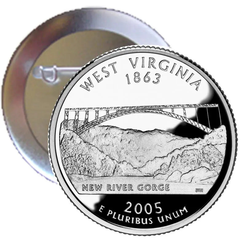 Round silver-toned West Virginia coin-style pinback with New River Gorge, 2005 text