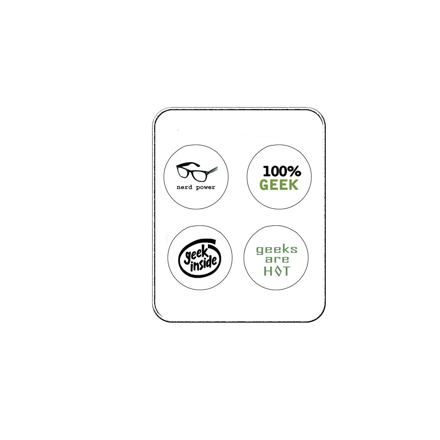 4-pack geek pinback buttons on card: nerd power, 100% geek, geek inside, hot geeks