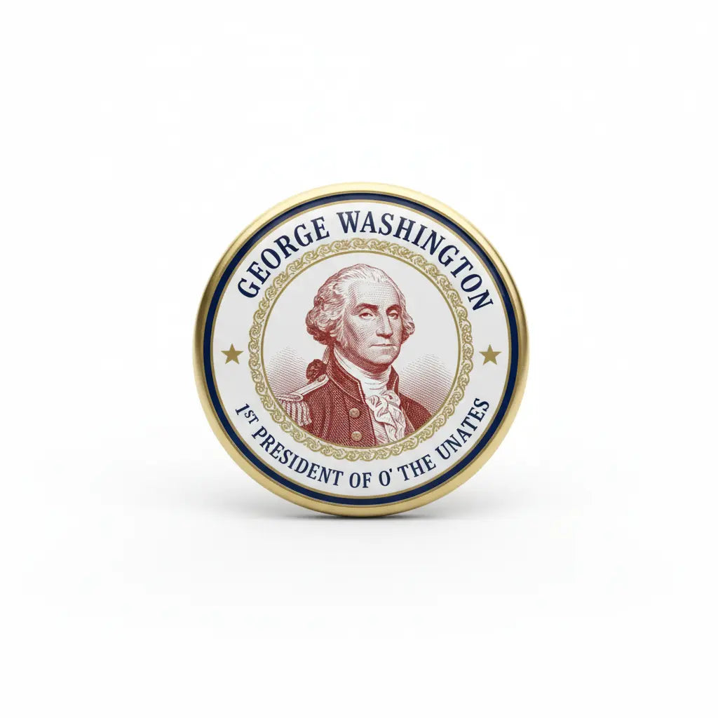 George Washington president pinback button, round gold-tone with blue enamel and portrait