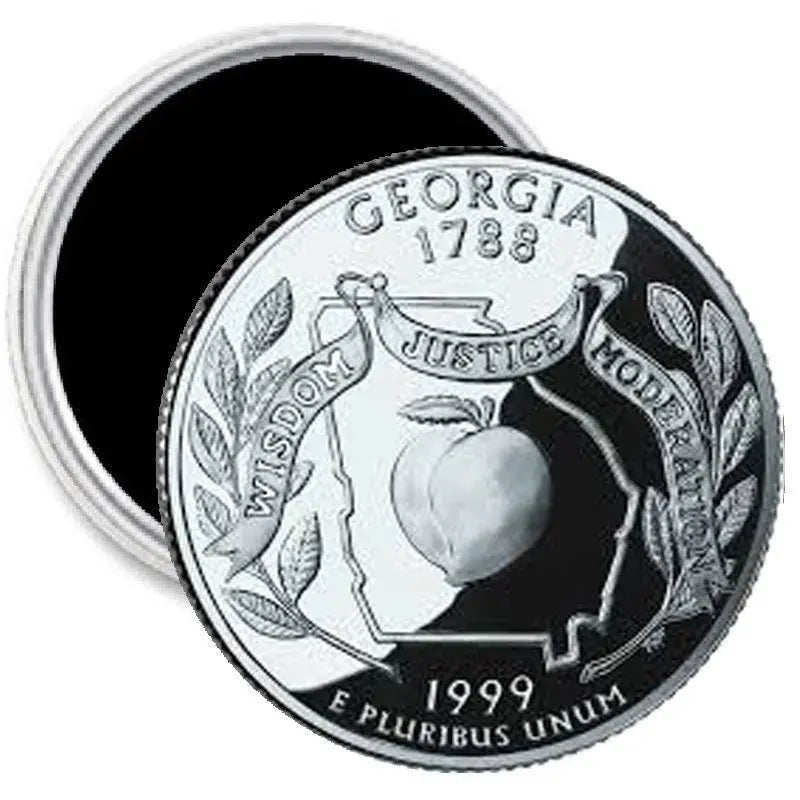 Circular Georgia state quarter coin magnet, silver-tone with Georgia 1788 text and wreath