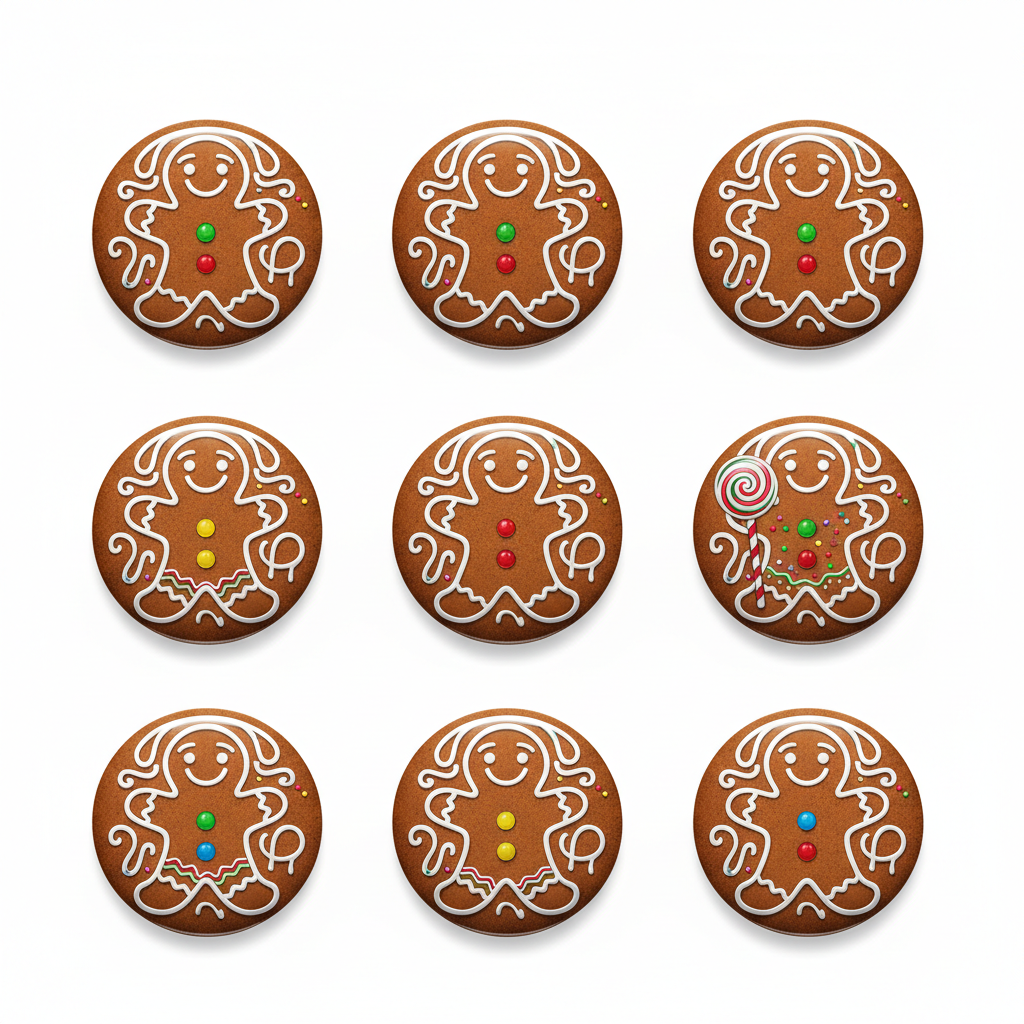 Round gingerbread man candy pinback buttons, brown with white icing and colorful dots (8 pcs)
