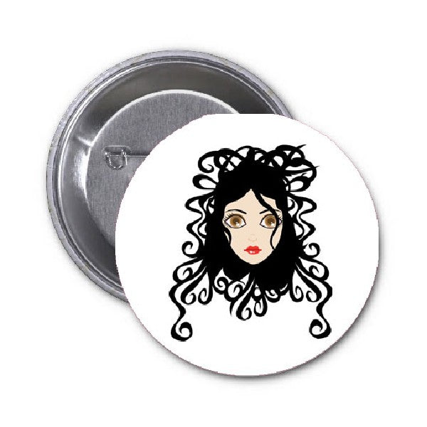Girl Curly Black Hair Pinback 1.25"