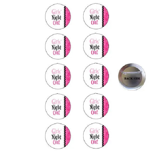 Girls Night Out pinback buttons set of 10, round white with pink lettering