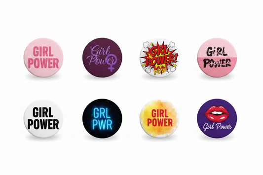 Pinback button set, 1.25-inch, round buttons with Girl Power text and icon graphics