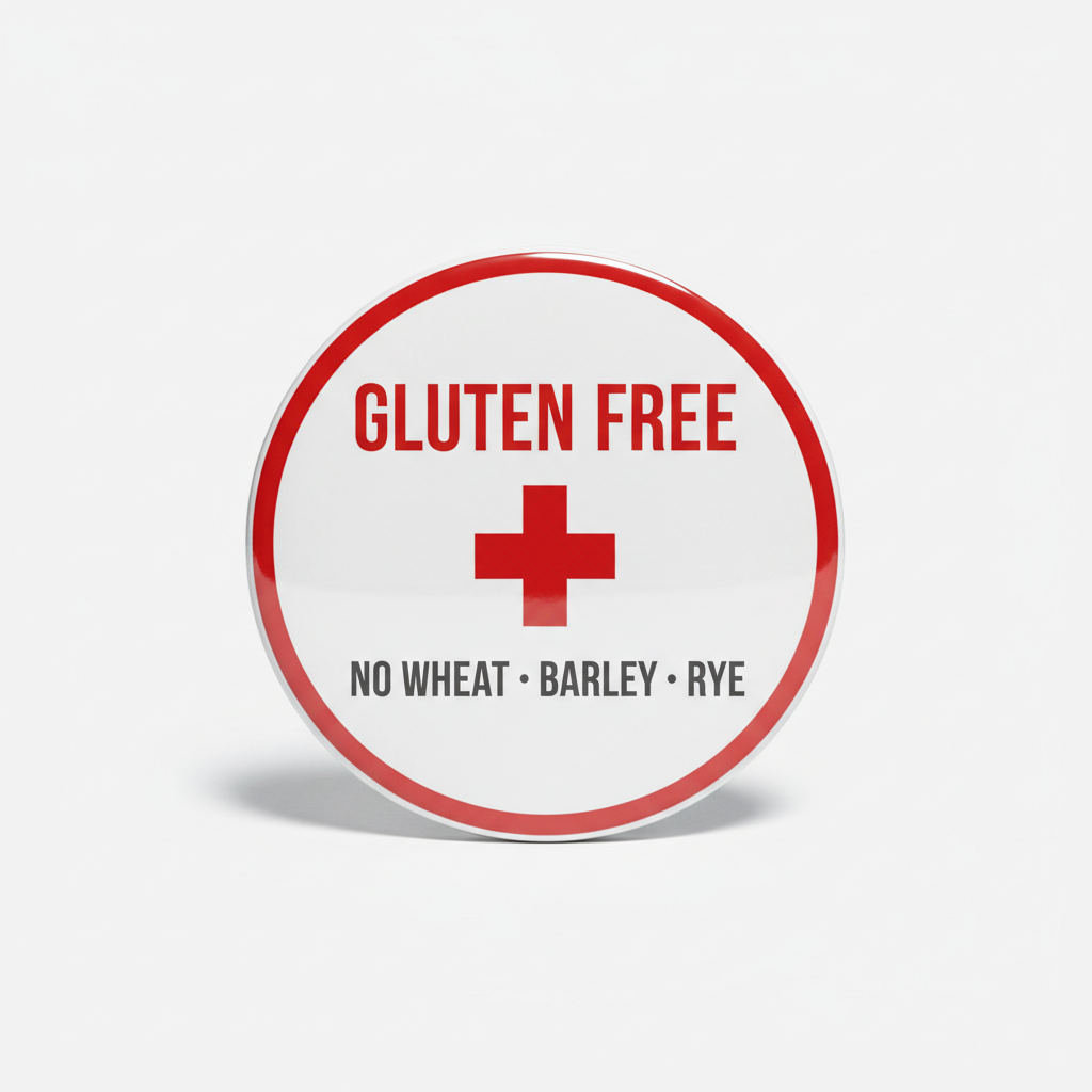 Gluten-free pinback button, red rim, text 'NO WHEAT BARLEY RYE'.