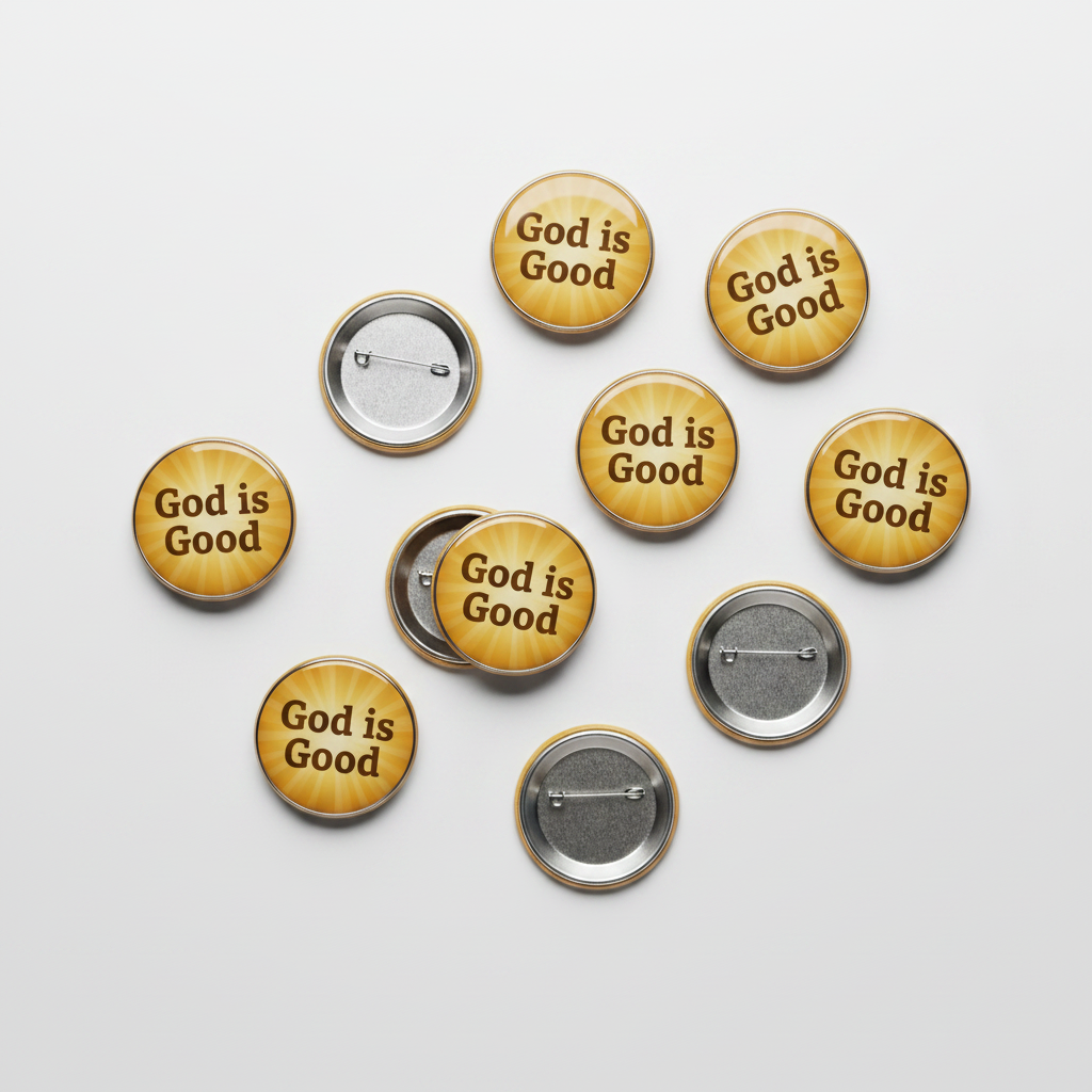 Set of 10 pinback buttons with gold fronts reading 'God is Good' and silver safety backs