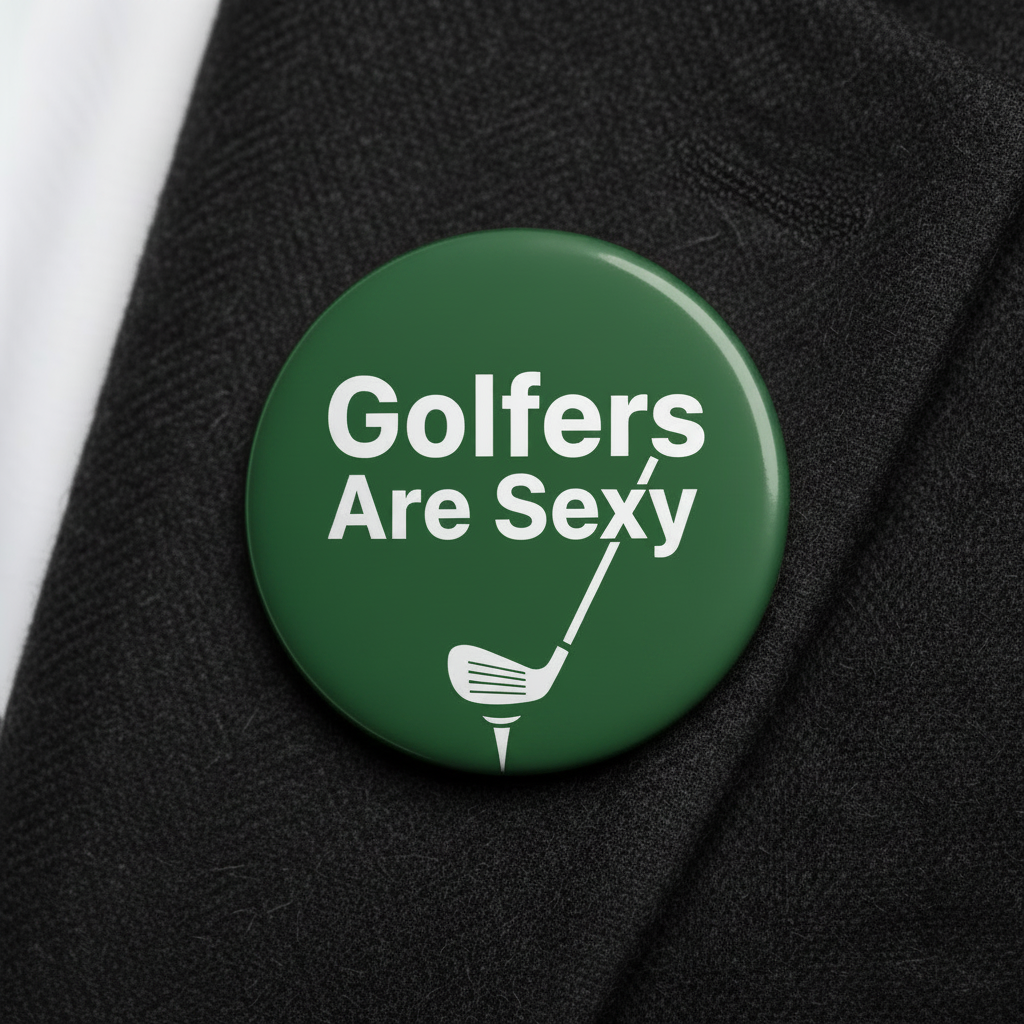 2.25-inch green pinback button with 'Golfers Are Sexy' text and golf club icon