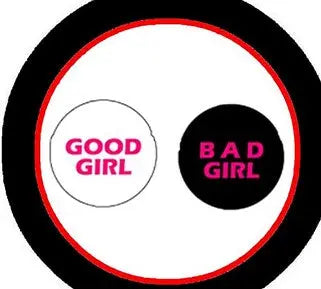 Round pinback button with red rim; 'GOOD GIRL' left, 'BAD GIRL' right