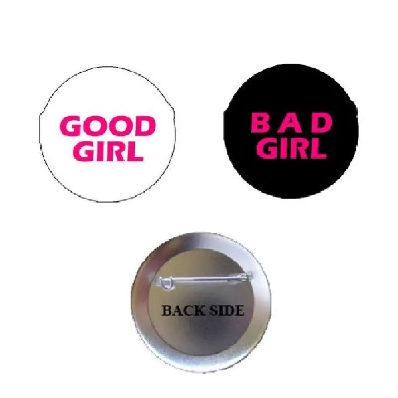 Set of two pinback buttons: GOOD GIRL white circle, BAD GIRL black circle, includes back clasp