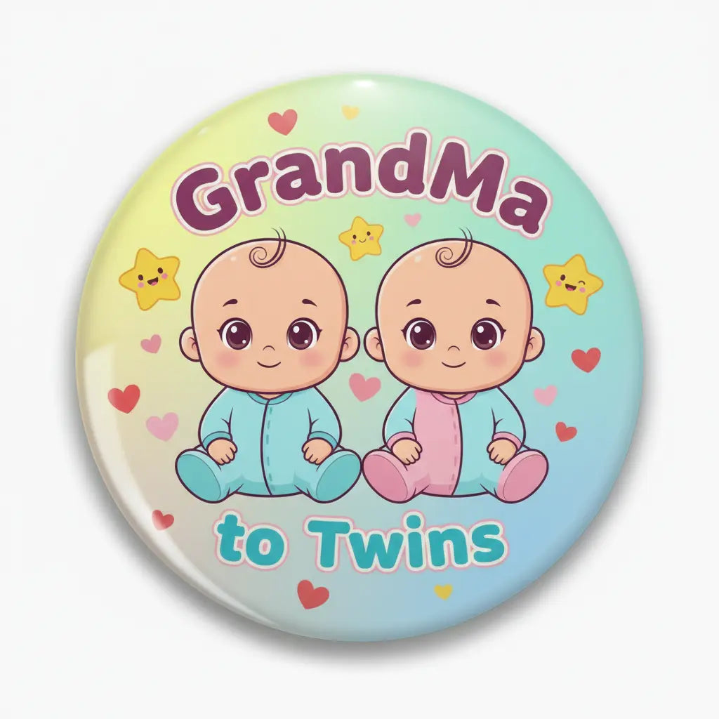 Round pinback button with smiling twin babies and 'Grandma to Twins' text.