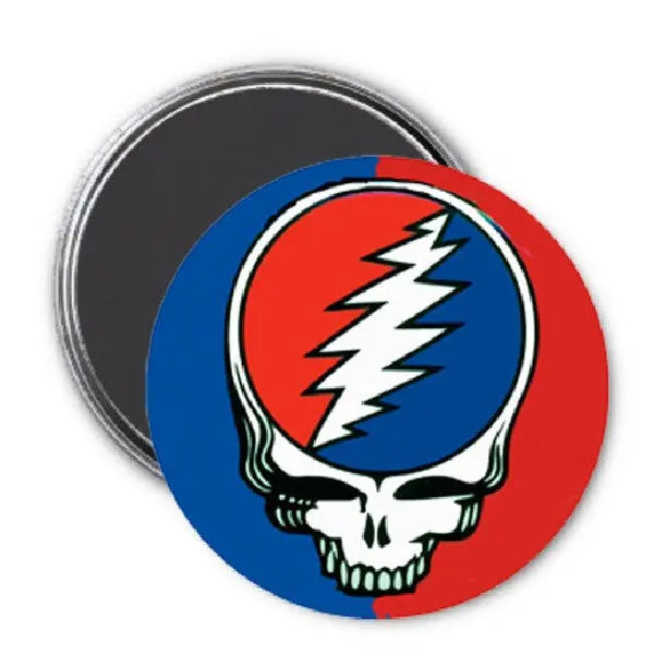 Round magnet with skull graphic in blue, red, and lightning on dark backing