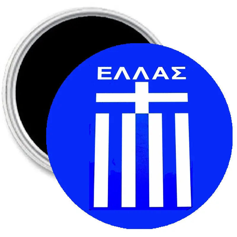 Greece soccer team flag magnet, blue circle with white cross and Greek text