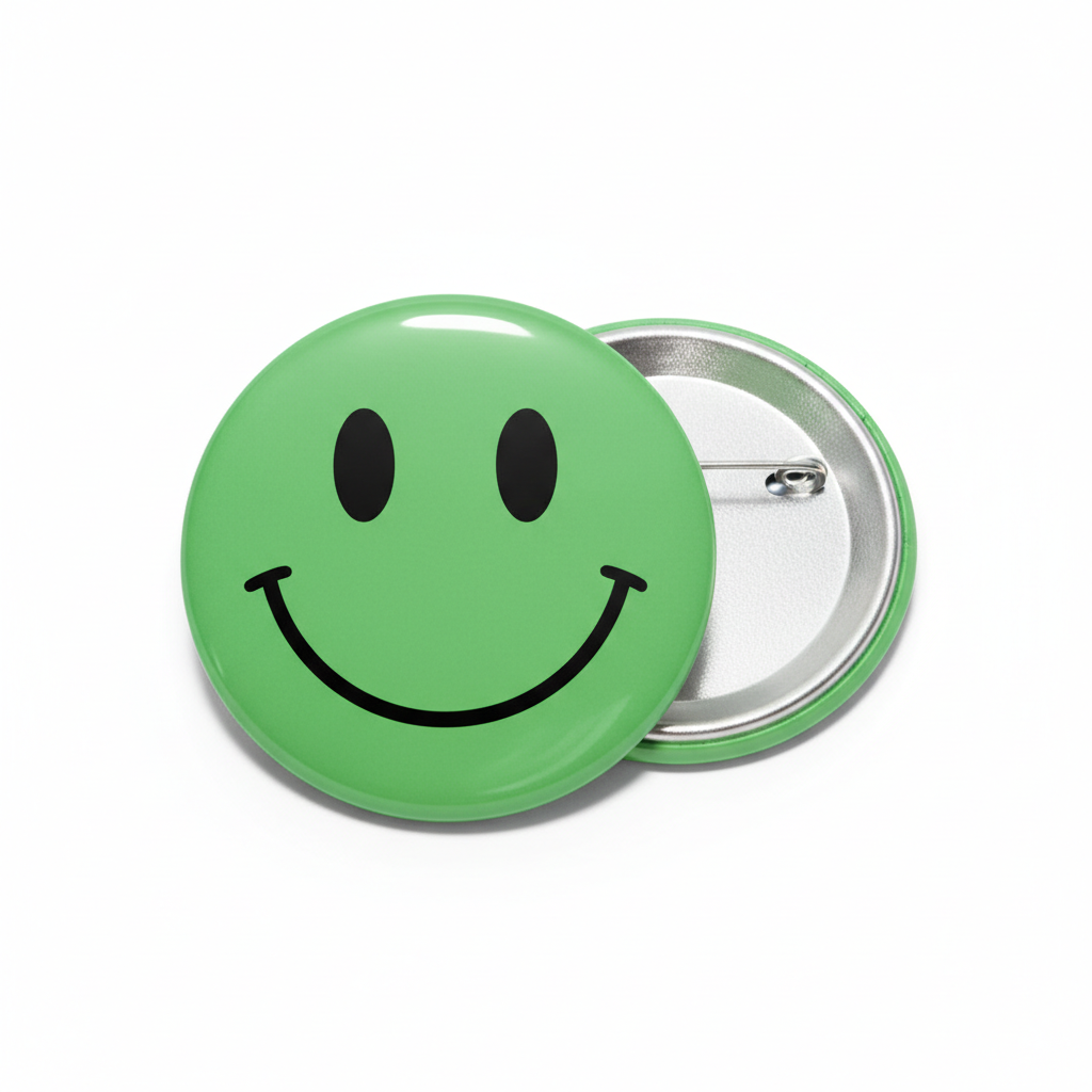 2.25-inch green smiley face pinback button with metal clasp, front smiley face design