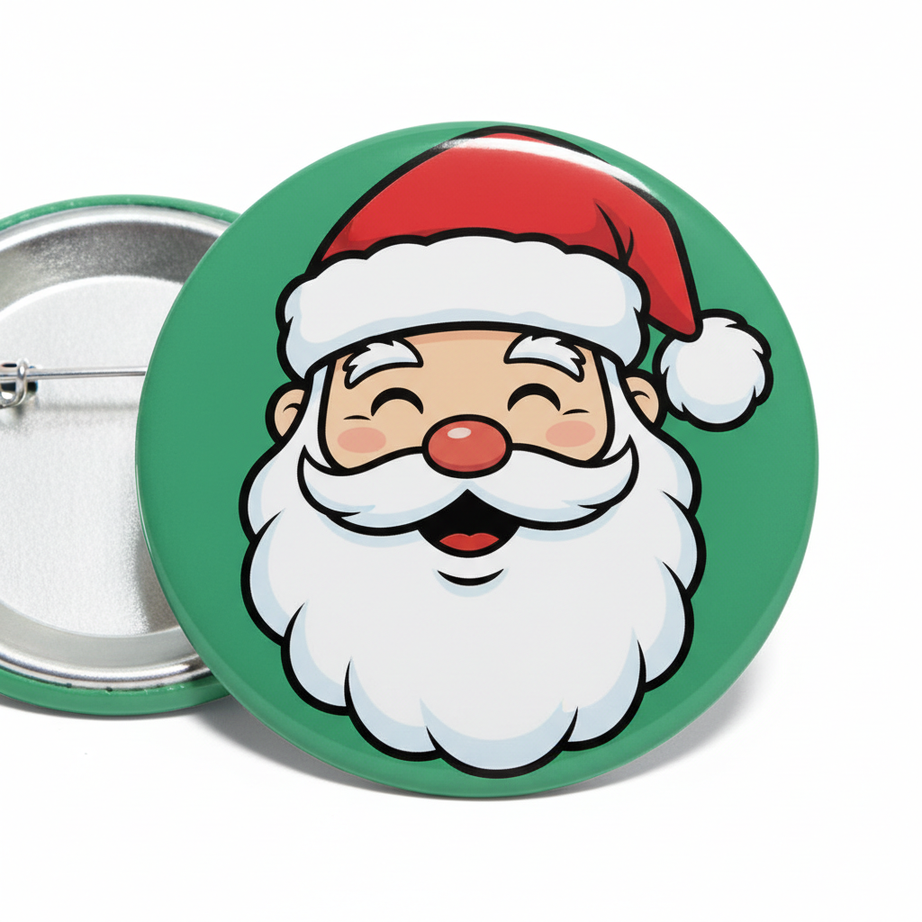 Green smiley Santa pinback button, 2.25-inch, round with red nose and white beard