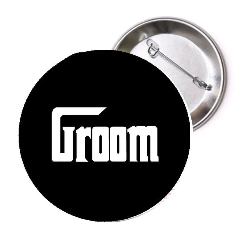 Round black pinback button with 'Groom' text, 1.25-inch