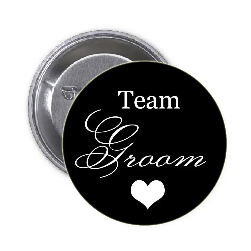 1.25-inch Team Groom pinback button, black with white script and heart