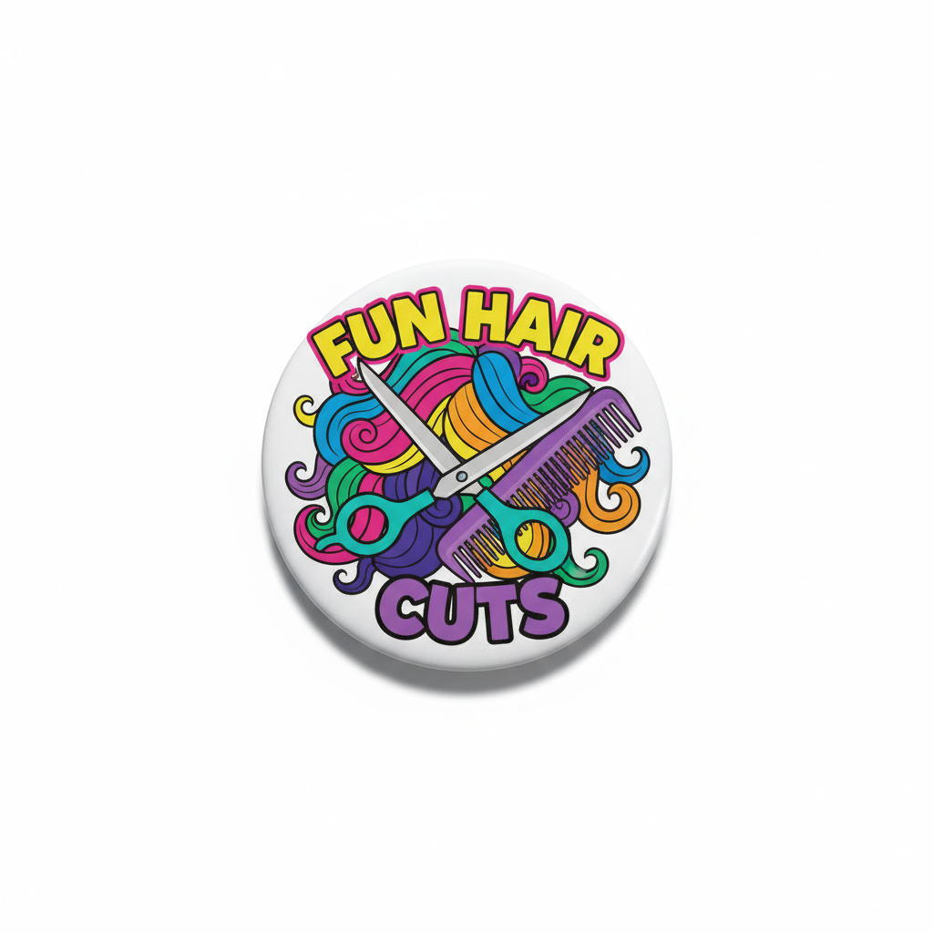 2.25-inch hair cut Pin Button with colorful scissors, comb and 'FUN HAIR CUTS' text
