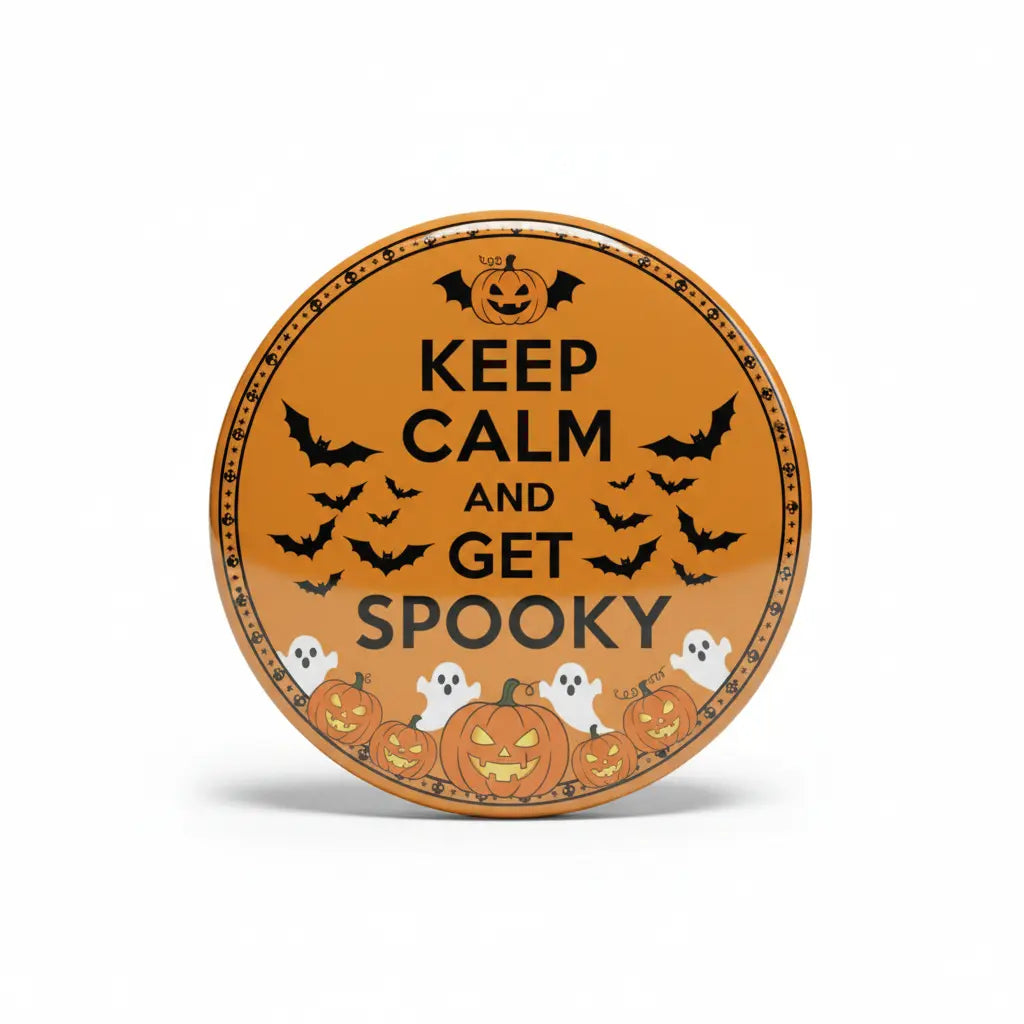 Halloween keep calm pinback button, 2.25-inch, orange with bats, pumpkins, and skulls