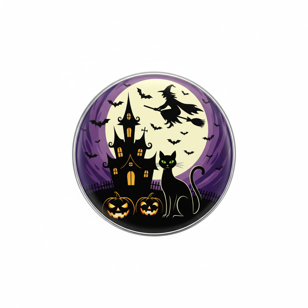 2.25-inch round Halloween scene Pin Button with purple bats, witch, cat, haunted house