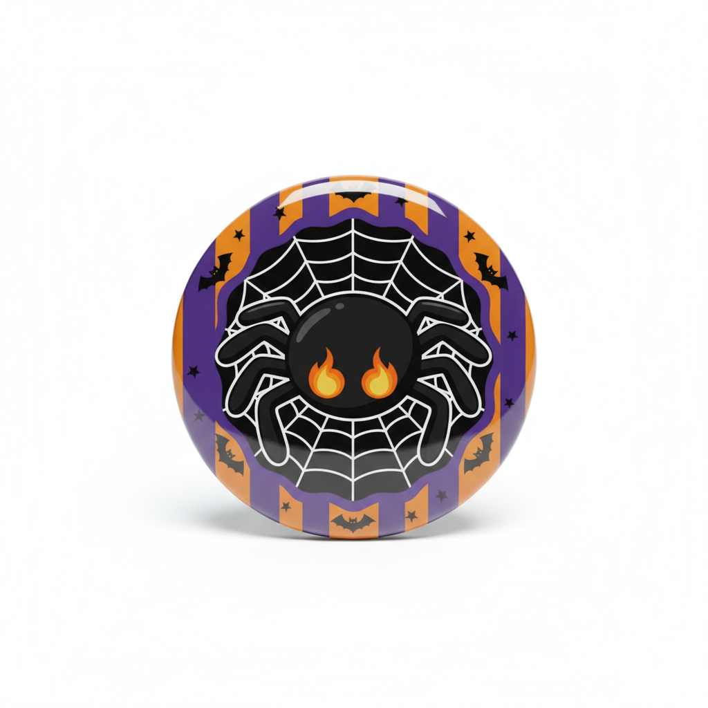 Halloween spider Pin Button, 2.25-inch, round purple-orange with flaming spider and web
