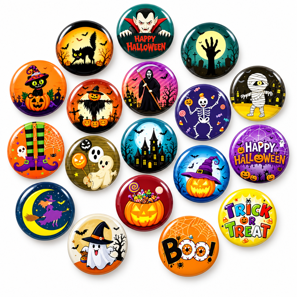 A collection of 20 round Halloween-themed pinback buttons arranged on a plain white background. Each button features a different colorful cartoon illustration, including pumpkins, ghosts, skeletons, a mummy, a witch, a haunted house, and festive text like 'Happy Halloween' and 'Trick or Treat'.