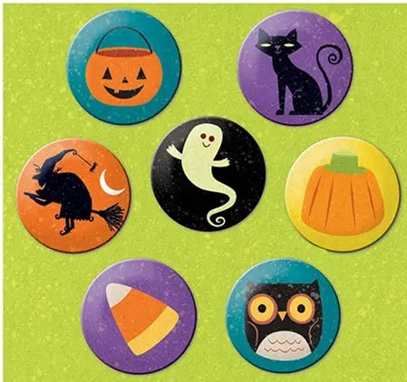 Set of 7 round Halloween pinback buttons with spooky pumpkin, cat, ghost, and bats designs