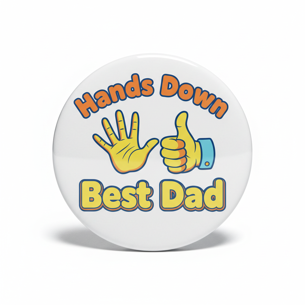 2.25-inch white Pin Button with “Hands Down Best Dad” and hand/thumb graphic