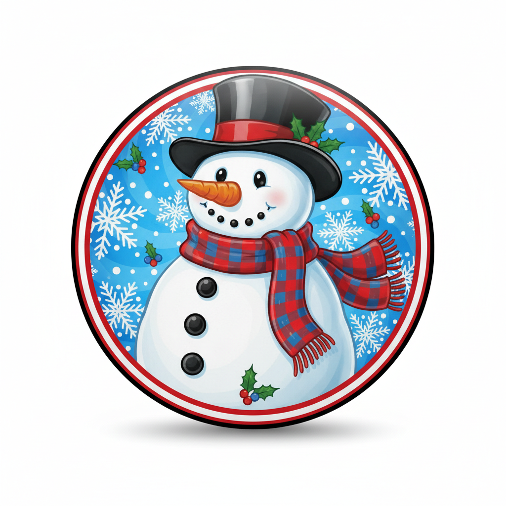 Festive snowman Pin Button, circular design with red plaid scarf and top hat