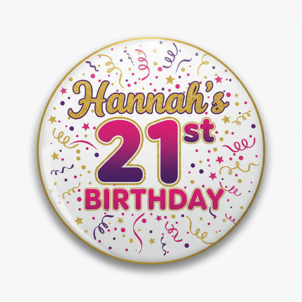 Hannah's 21st Birthday Pin Button, 2.25-inch, round with colorful confetti