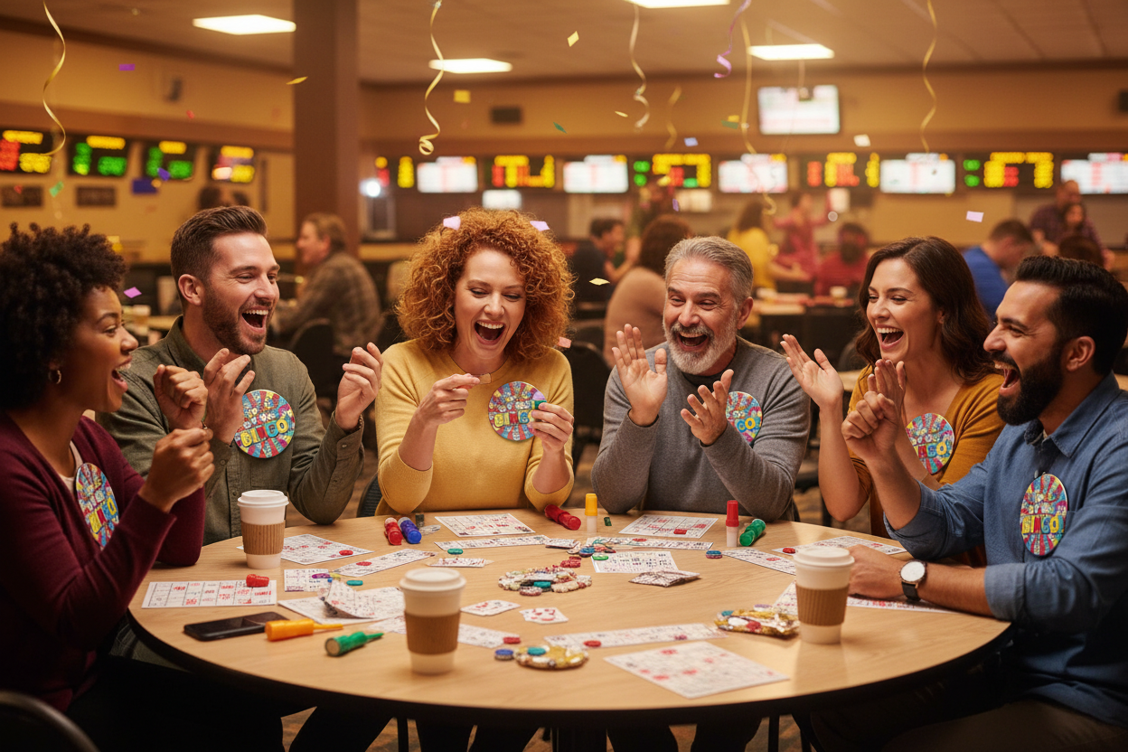 Game players wearing colorful BINGO-themed round pin buttons