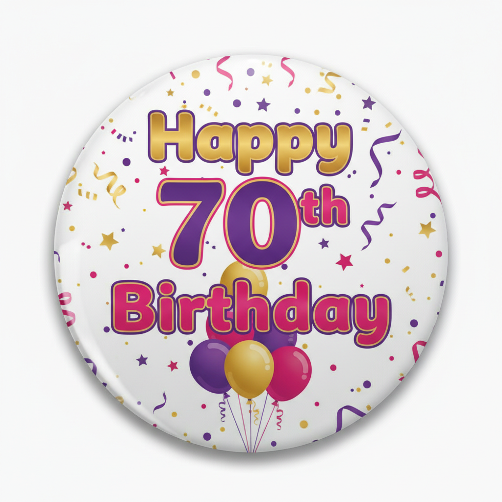 Happy 70th birthday Pin Button with colorful text, balloons, and confetti design