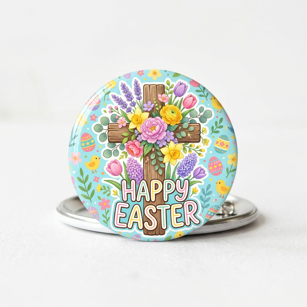 Happy Easter Cross Pin Button 2.25-inch