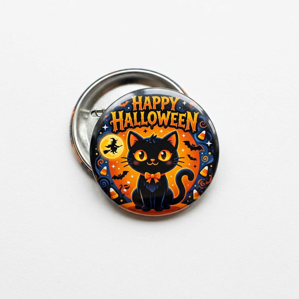 Happy Halloween Black Cat Pin Button 2.25-inch