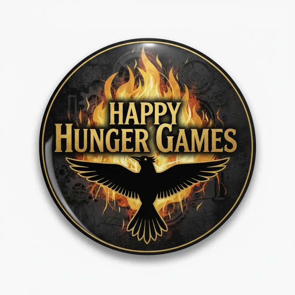 2.25-inch round pinback button with 'HAPPY HUNGER GAMES' text, flames, eagle