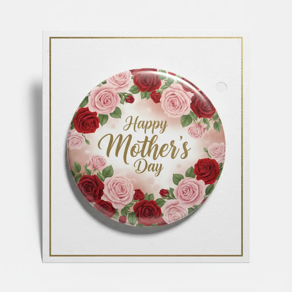 Mother's Day pinback badge, 2.25-inch round design with roses and “Happy Mother’s Day” text
