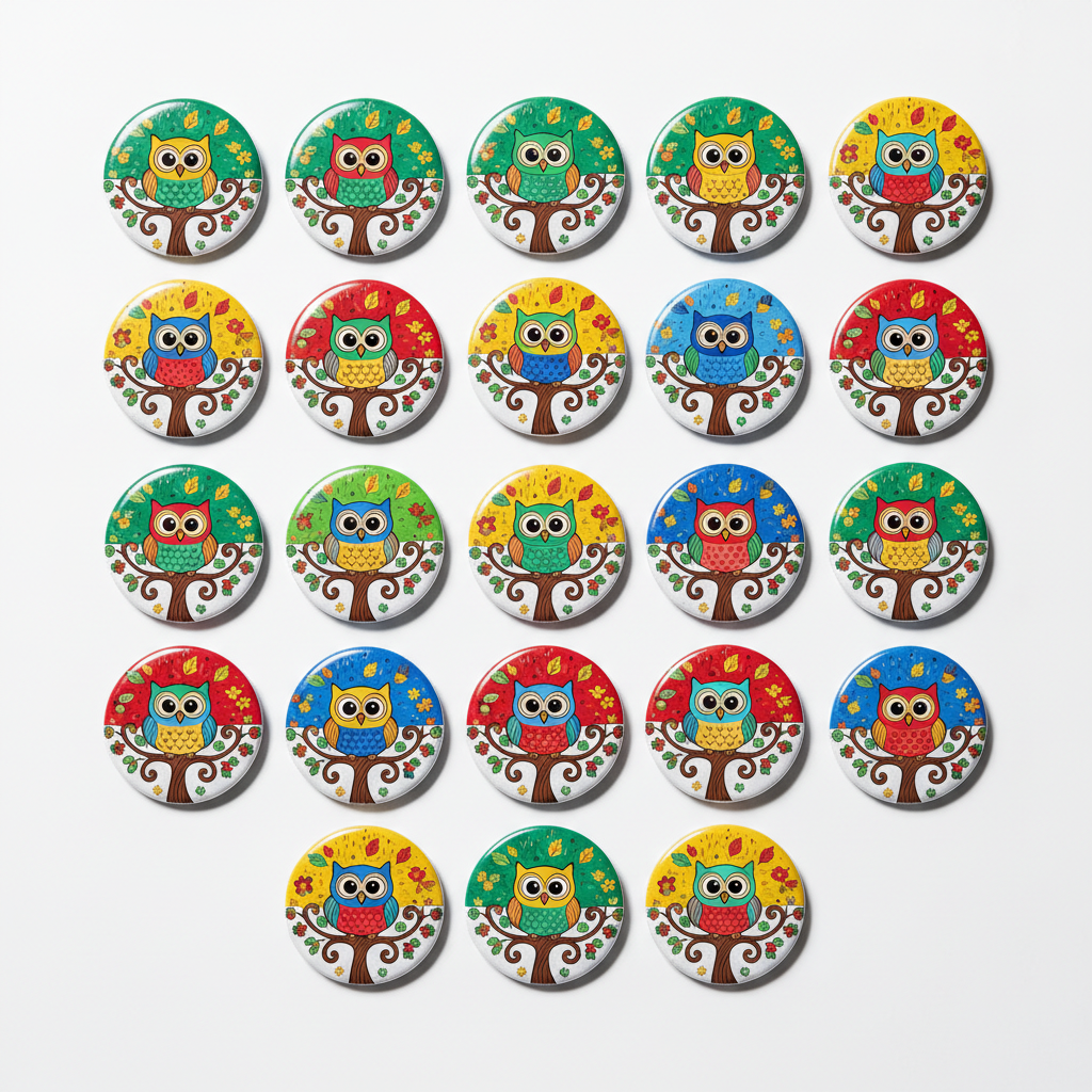 Round cartoon owl pinback buttons set, colorful tree and nature design