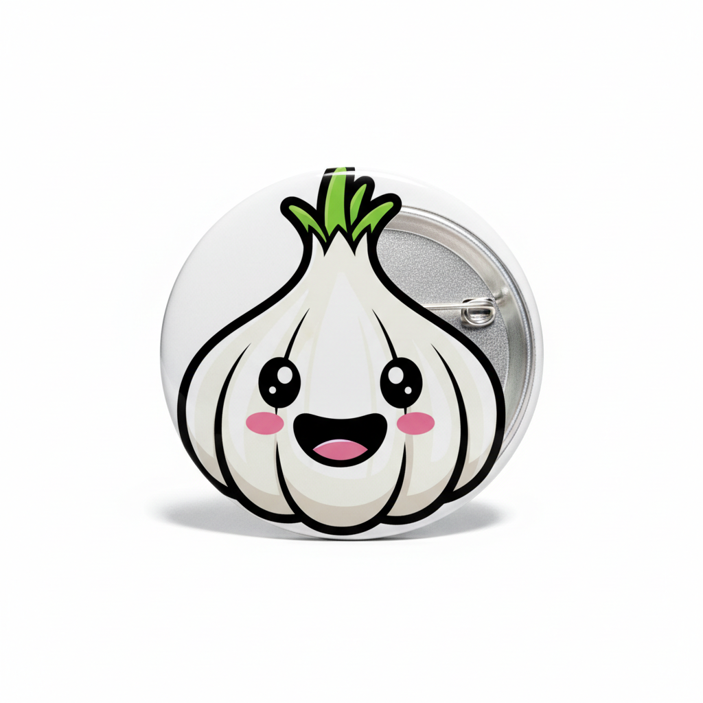 2.25-inch garlic pinback button with smiling cartoon face, green sprout, pink cheeks