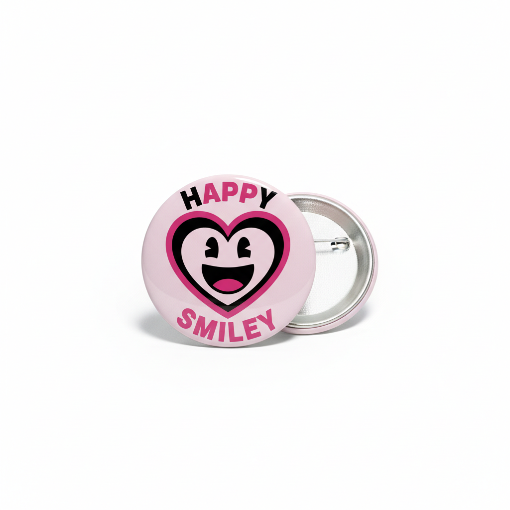 Round pinback button with pink heart smiley face on light purple background